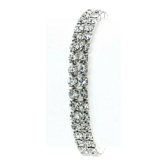 Silver Stretch Bracelet with 2 Rows of Rhinestones - Picture 3 of 3